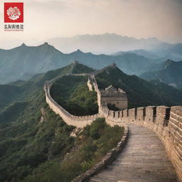 Create a simplistic yet appealing advertisement for the World Heritage site, the Great Wall of China. Incorporate catchy lines such as 'Explore the Majestic Continuity of Past and Present', and a memorable logo that represents its historical significance. Display striking images that create a visual journey for the viewer.