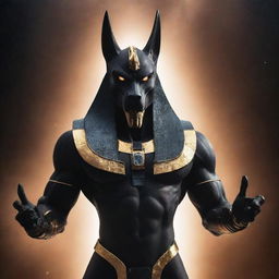 A striking image of an enraged cosmic Egyptian god, Anubis with a sleek, metallic robotic body, emitting a powerful aura against the mesmerizing backdrop of the universe