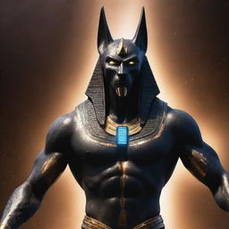 A striking image of an enraged cosmic Egyptian god, Anubis with a sleek, metallic robotic body, emitting a powerful aura against the mesmerizing backdrop of the universe