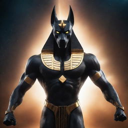 A striking image of an enraged cosmic Egyptian god, Anubis with a sleek, metallic robotic body, emitting a powerful aura against the mesmerizing backdrop of the universe