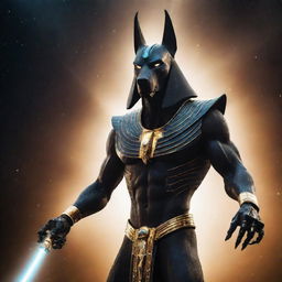 A striking image of an enraged cosmic Egyptian god, Anubis with a sleek, metallic robotic body, emitting a powerful aura against the mesmerizing backdrop of the universe