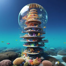 Revise the floating mermaid tower, suspended in the ocean, detached from the sea floor. It sports bright, vibrant corals and large, colorful, habitable bubbles nestled within.