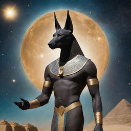 An image of the ancient Egyptian god Anubis, emblazoned with celestial energy, showing a fierce, wrathful expression in a cosmos-studded backdrop.