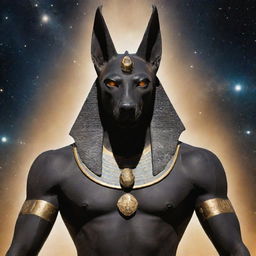 An image of the ancient Egyptian god Anubis, emblazoned with celestial energy, showing a fierce, wrathful expression in a cosmos-studded backdrop.