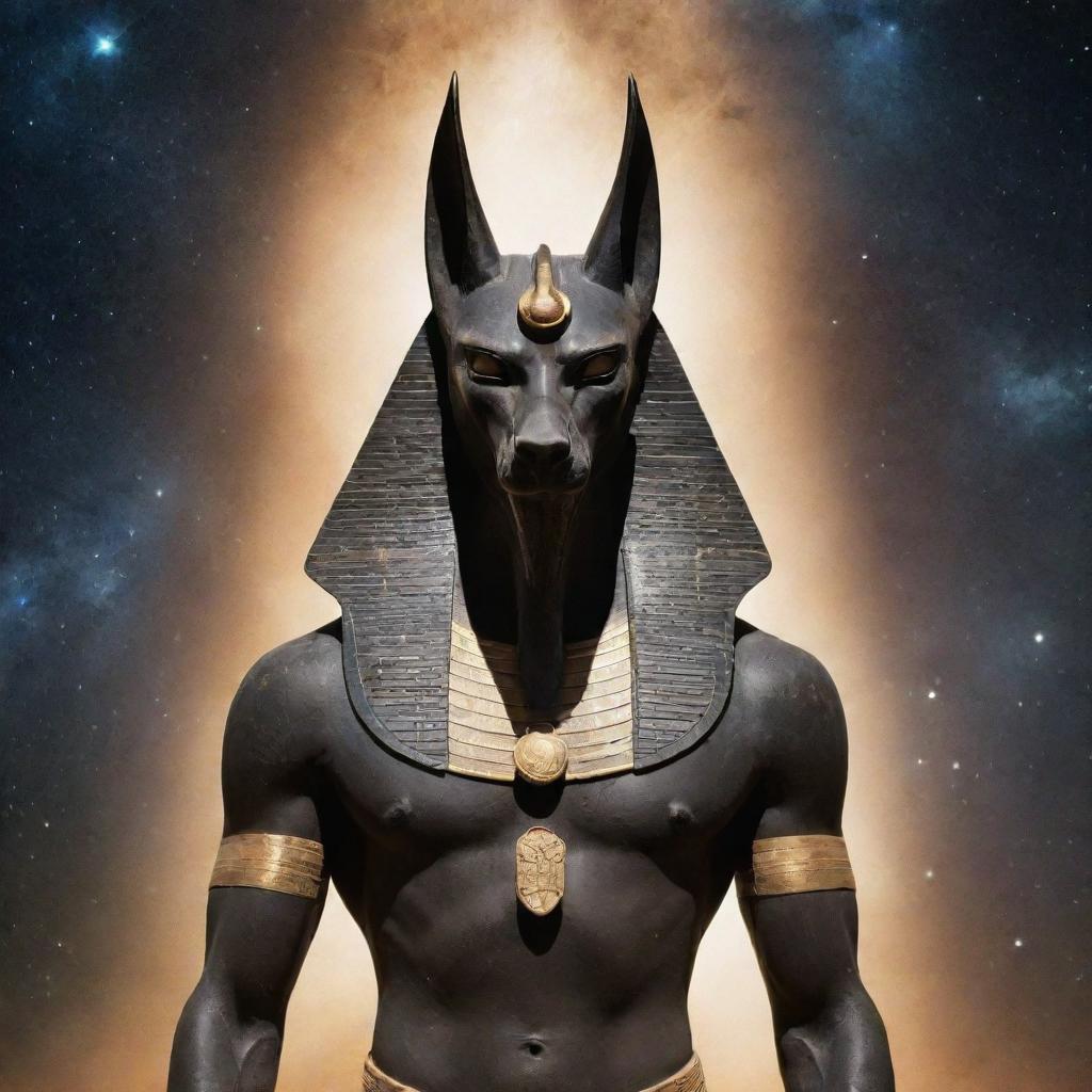 An image of the ancient Egyptian god Anubis, emblazoned with celestial energy, showing a fierce, wrathful expression in a cosmos-studded backdrop.