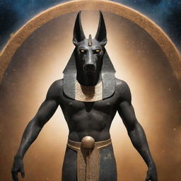 An image of the ancient Egyptian god Anubis, emblazoned with celestial energy, showing a fierce, wrathful expression in a cosmos-studded backdrop.