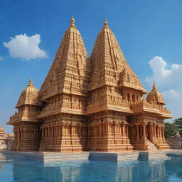 A stunning and detailed depiction of the Ayodhya Ram Mandir (Hindu temple), standing grandly against the azure sky, with its gold-plated spires gleaming in the daylight.