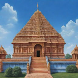 A stunning and detailed depiction of the Ayodhya Ram Mandir (Hindu temple), standing grandly against the azure sky, with its gold-plated spires gleaming in the daylight.