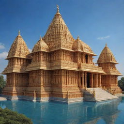 A stunning and detailed depiction of the Ayodhya Ram Mandir (Hindu temple), standing grandly against the azure sky, with its gold-plated spires gleaming in the daylight.