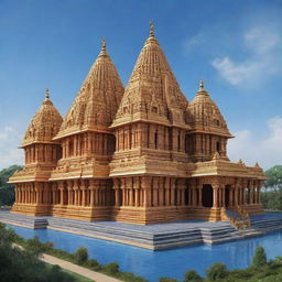 A stunning and detailed depiction of the Ayodhya Ram Mandir (Hindu temple), standing grandly against the azure sky, with its gold-plated spires gleaming in the daylight.