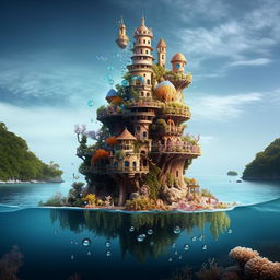 Show a floating mermaid tower suspended in the ocean. The enchanting construction is adorned with vibrant corals and colorful bubbles, and hangs beneath a lush island.