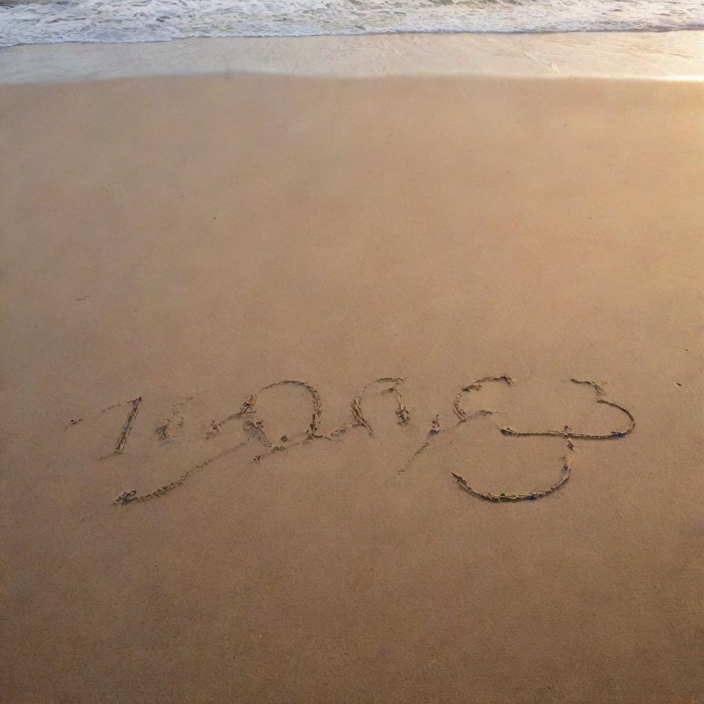 The dates '15 Feb to 13 March' written naturally in smooth, wet sand on a sprawling beach during sunset.