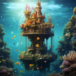 Show a floating mermaid tower suspended in the ocean. The enchanting construction is adorned with vibrant corals and colorful bubbles, and hangs beneath a lush island.