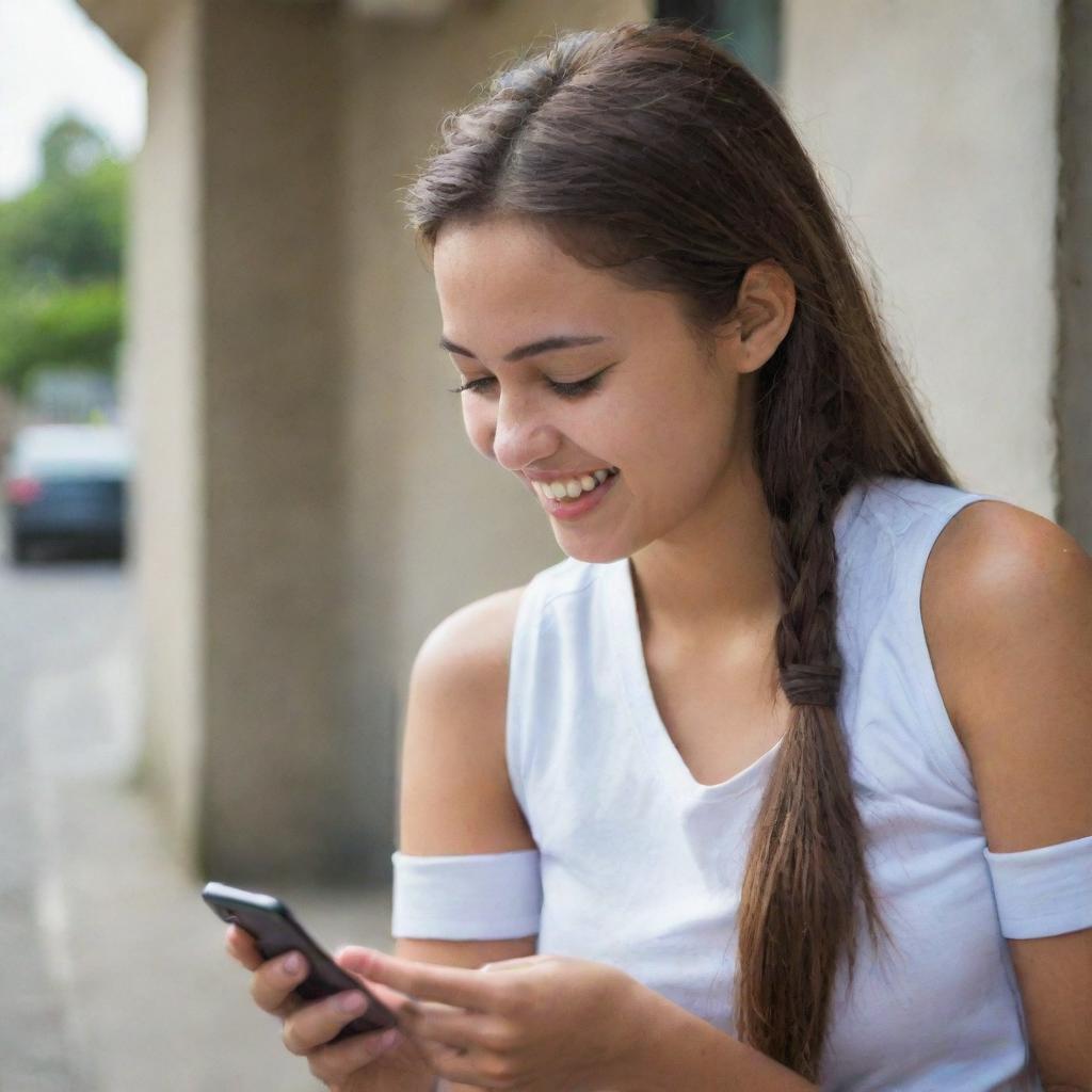 A cheerful girl engrossed in texting her friend on her mobile phone.