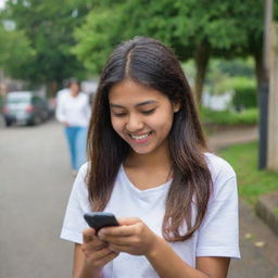 A cheerful girl engrossed in texting her friend on her mobile phone.