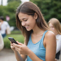 A cheerful girl engrossed in texting her friend on her mobile phone.