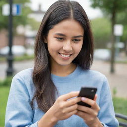 A cheerful girl engrossed in texting her friend on her mobile phone.