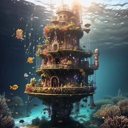 Show a floating mermaid tower suspended in the ocean. The enchanting construction is adorned with vibrant corals and colorful bubbles, and hangs beneath a lush island.