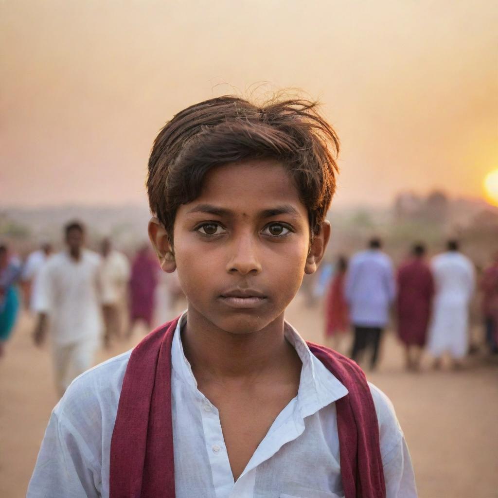 Depict a young boy from Rajasthan in modest clothing, gazing at a vibrant sunset, with a subtle blur of people moving in the background.