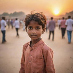 Depict a young boy from Rajasthan in modest clothing, gazing at a vibrant sunset, with a subtle blur of people moving in the background.