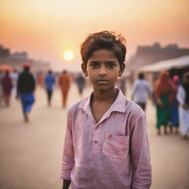 Depict a young boy from Rajasthan in modest clothing, gazing at a vibrant sunset, with a subtle blur of people moving in the background.