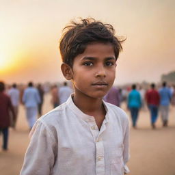 Depict a young boy from Rajasthan in modest clothing, gazing at a vibrant sunset, with a subtle blur of people moving in the background.