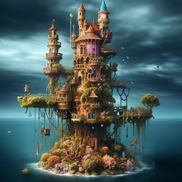 Show a floating mermaid tower suspended in the ocean. The enchanting construction is adorned with vibrant corals and colorful bubbles, and hangs beneath a lush island.