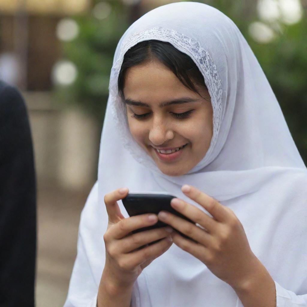 A joyful veiled girl engrossed in texting on her mobile phone.