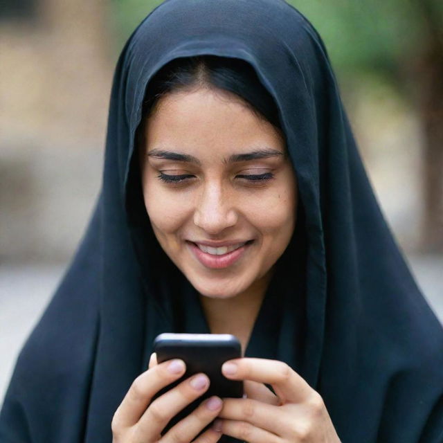 A joyful veiled girl engrossed in texting on her mobile phone.