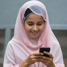 A joyful veiled girl engrossed in texting on her mobile phone.