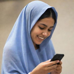 A joyful veiled girl engrossed in texting on her mobile phone.