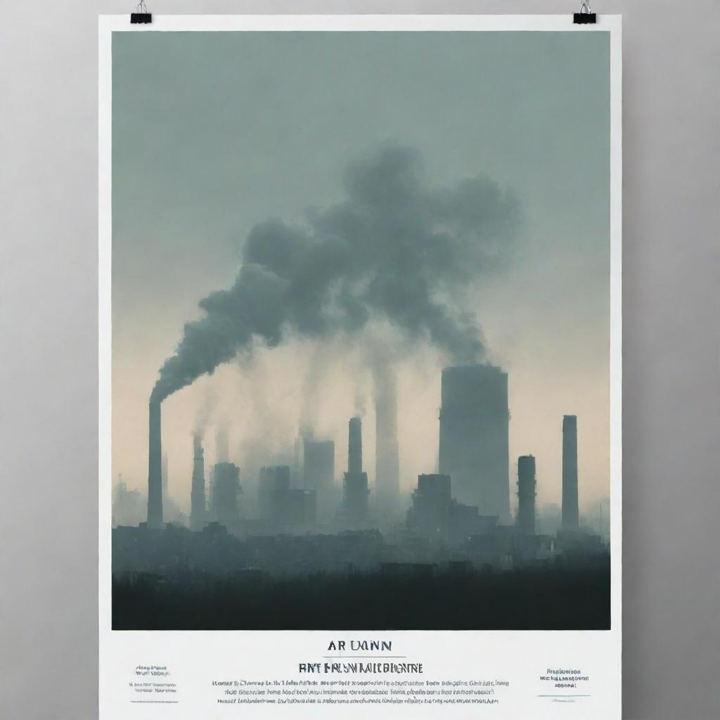 Create a visually impactful poster on the theme of 'Air Pollution'. Design must feature stark contrasts, prominent header & footer, combined with evocative images depicting the severity of air pollution. Design intent should evoke a call to action towards environmental responsibility.