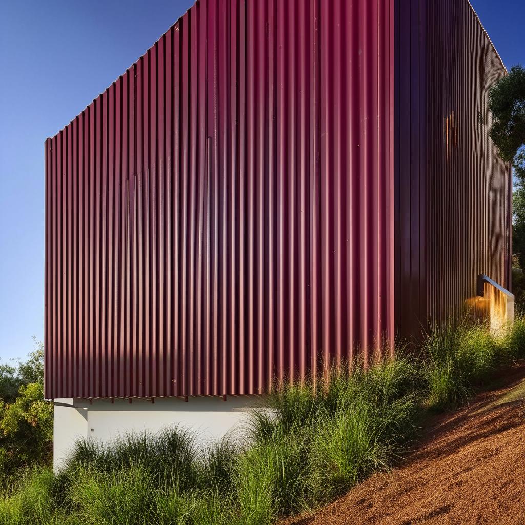 An architectural masterpiece of a house located on a hill, enveloped in maroon corrugated cladding glistening under the ambient sunlight.