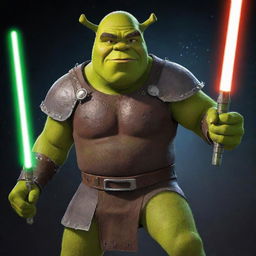 A cosmic rendition of the character Shrek, elevated to the level of a deity, equipped with a glowing lightsaber and wearing the powerful Doom Slayer suit.