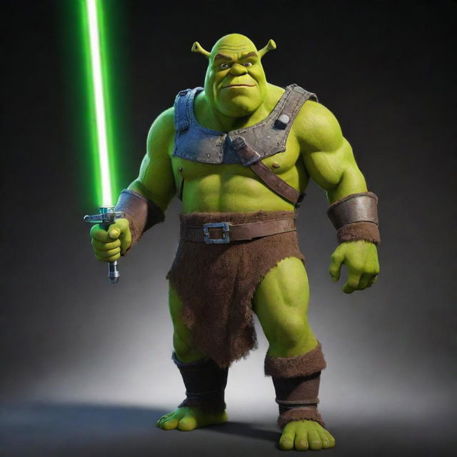 A cosmic rendition of the character Shrek, elevated to the level of a deity, equipped with a glowing lightsaber and wearing the powerful Doom Slayer suit.