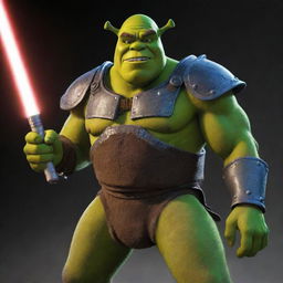 A cosmic rendition of the character Shrek, elevated to the level of a deity, equipped with a glowing lightsaber and wearing the powerful Doom Slayer suit.