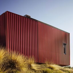 An architectural masterpiece of a house located on a hill, enveloped in maroon corrugated cladding glistening under the ambient sunlight.