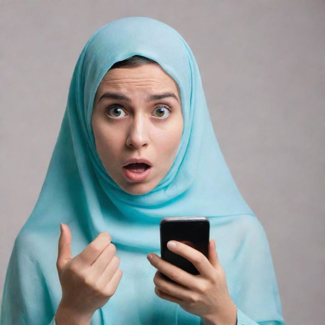 A shocked veiled girl holding a mobile phone, realizing she forgot about her friend's upcoming birthday and has no gift prepared.