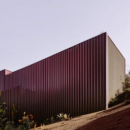 An architectural masterpiece of a house located on a hill, enveloped in maroon corrugated cladding glistening under the ambient sunlight.