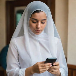 A veiled girl anxiously holding her phone, in the process of booking a venue for her friend's birthday celebration