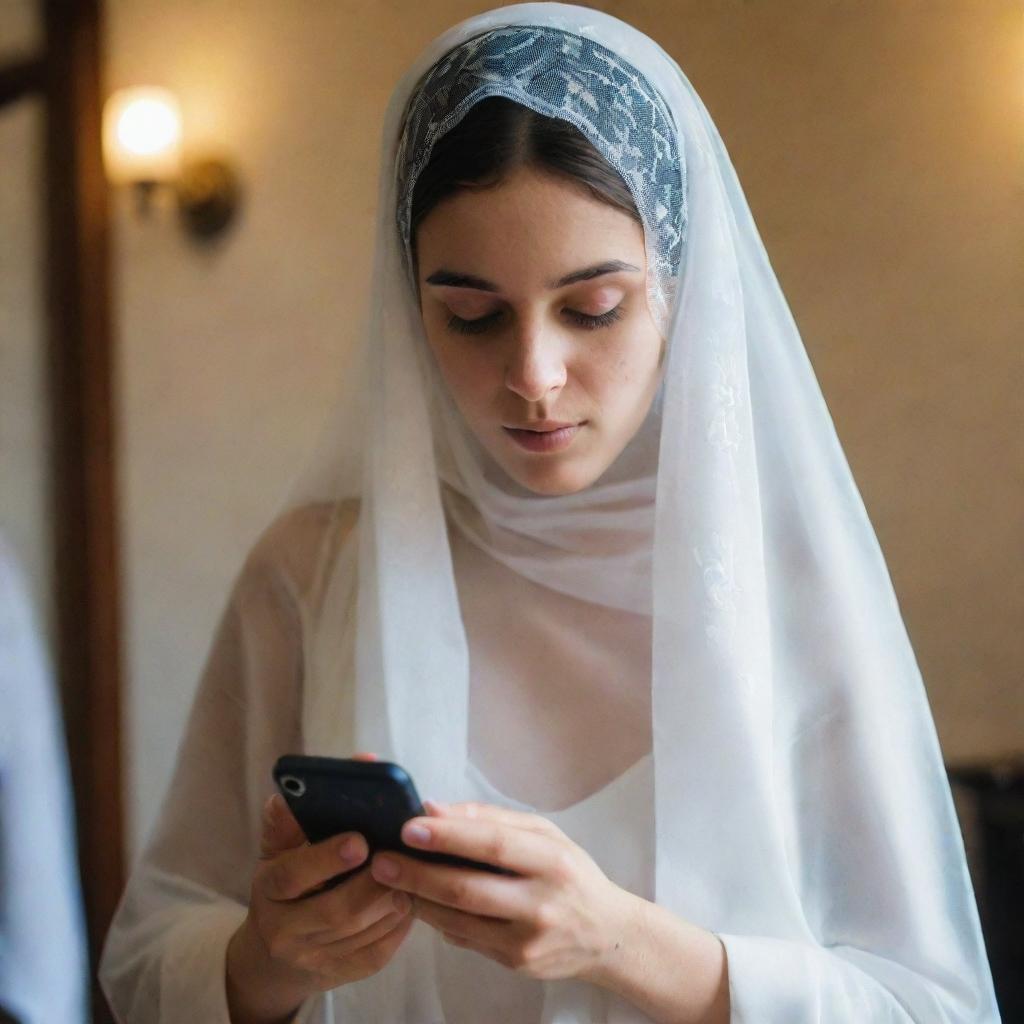 A veiled girl anxiously holding her phone, in the process of booking a venue for her friend's birthday celebration