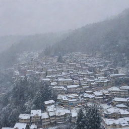 A picturesque view of Shimla during a snowfall. Snowflakes gently descend on rooftops and tree branches, rendering the city in a serene white blanket.