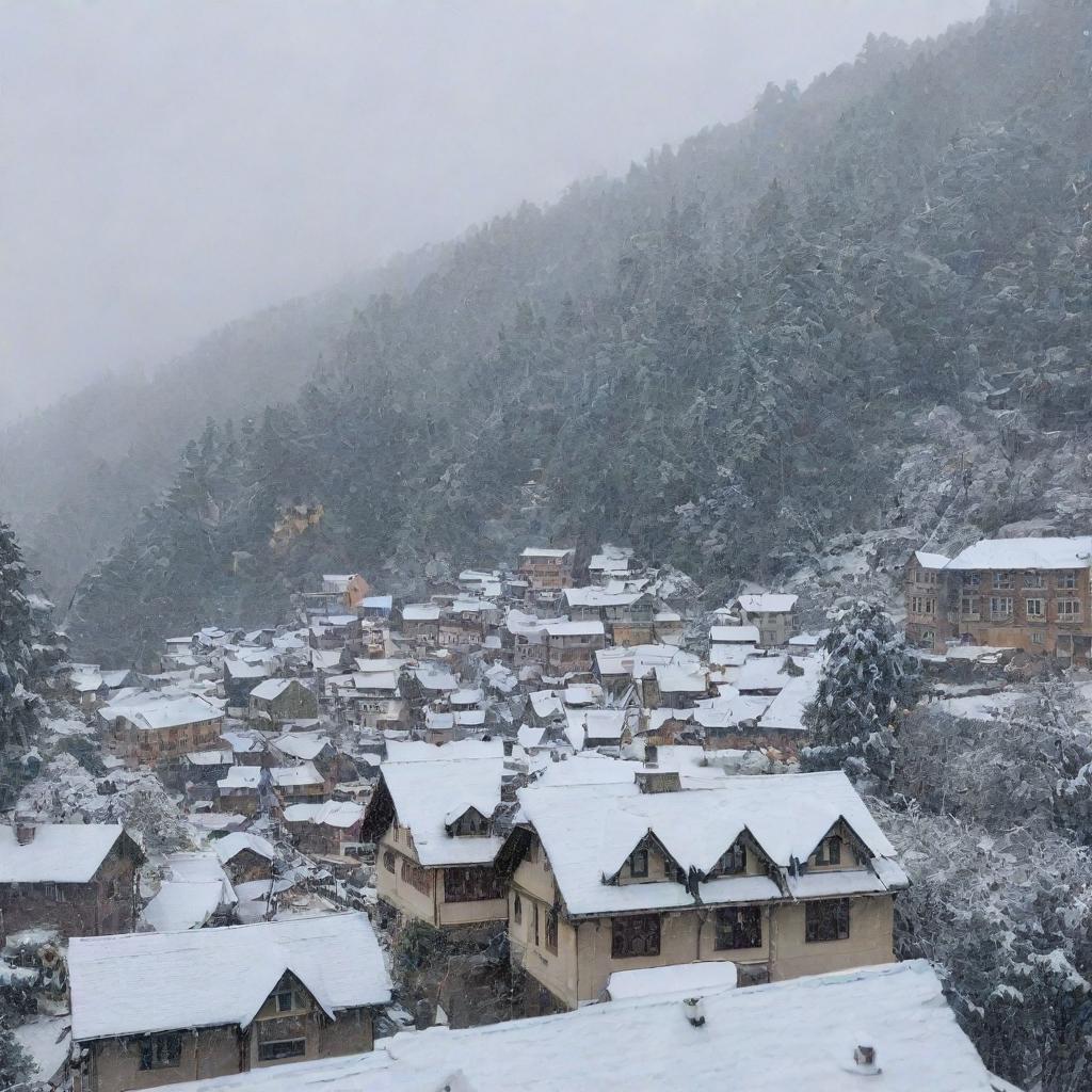 A picturesque view of Shimla during a snowfall. Snowflakes gently descend on rooftops and tree branches, rendering the city in a serene white blanket.