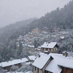 A picturesque view of Shimla during a snowfall. Snowflakes gently descend on rooftops and tree branches, rendering the city in a serene white blanket.