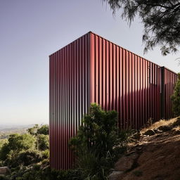 An architectural masterpiece of a house located on a hill, enveloped in maroon corrugated cladding glistening under the ambient sunlight.