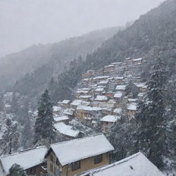 A picturesque view of Shimla during a snowfall. Snowflakes gently descend on rooftops and tree branches, rendering the city in a serene white blanket.