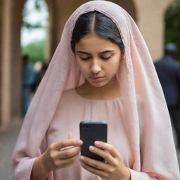 A veiled girl holding a mobile phone in a state of tension, unsure where to book a location to celebrate her friend's birthday