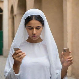 A veiled girl holding a mobile phone in a state of tension, unsure where to book a location to celebrate her friend's birthday