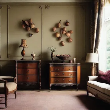 The elegant wooden furniture in the room was adorned with carved conkers, adding a touch of nature-inspired beauty.