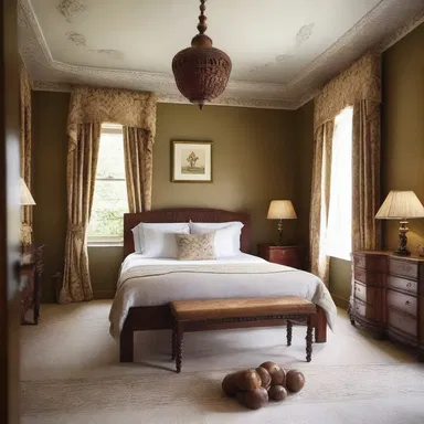 The elegant wooden furniture in the room was adorned with carved conkers, adding a touch of nature-inspired beauty.